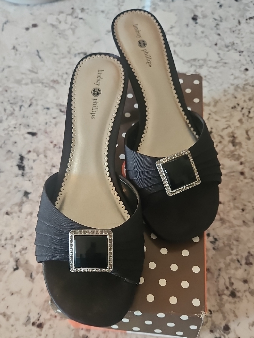 lindsay phillips Black Slide Mules W/ Rhinestone Square Buckle Size 10/Like New